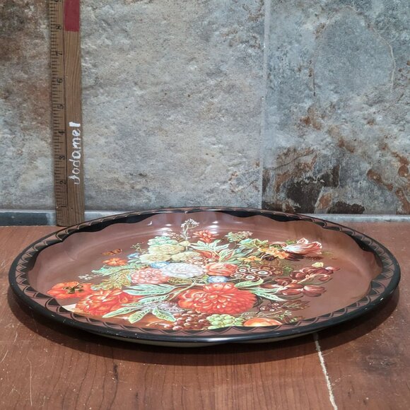 Vintage Daher Round Metal Serving Tray Floral Fruit Design - Picture 7 of 10